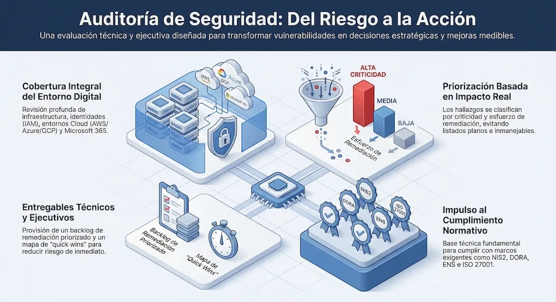 Infografía sobre auditoría de seguridad informática con cobertura del entorno digital, priorización de hallazgos, entregables técnicos y apoyo al cumplimiento normativo