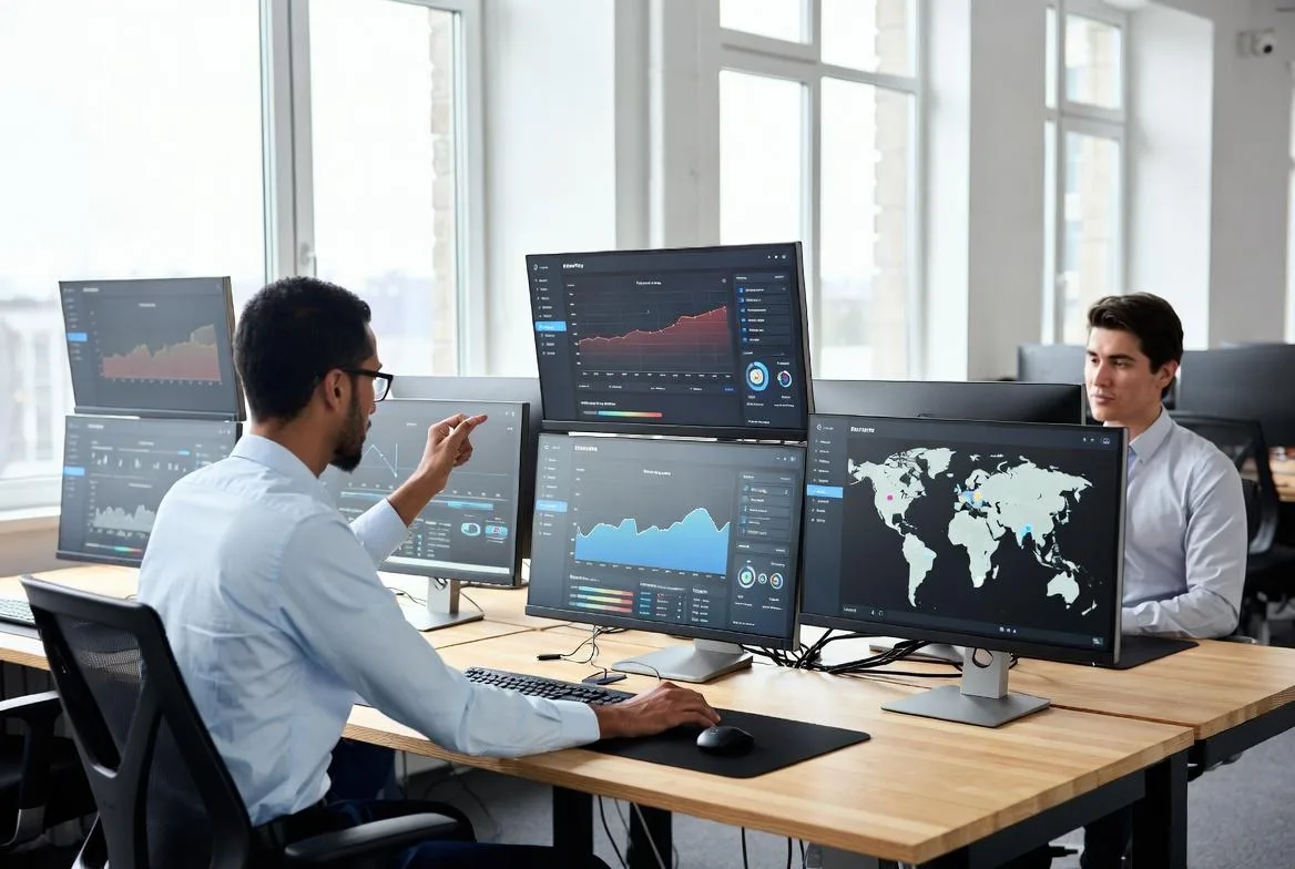 Equipo de ciberseguridad de Hard2bit analizando dashboards de seguridad